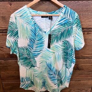 Tahari Palm Leaf Print V-Neck Tee – 100% Cotton – XL – NWT